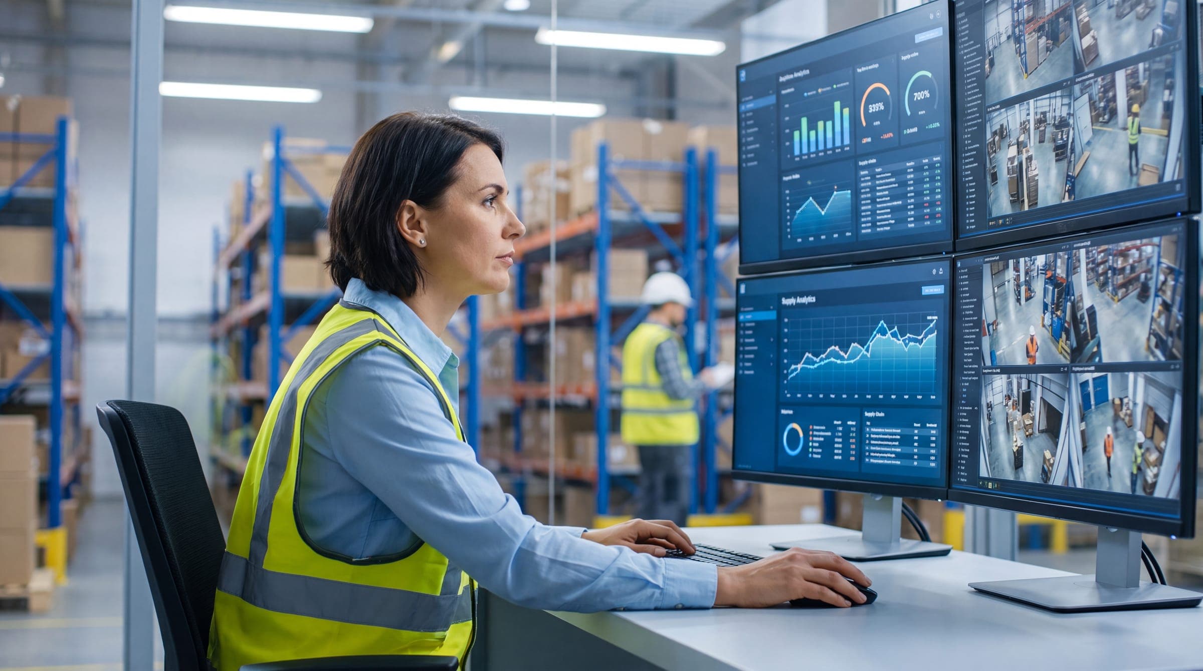 A warehouse worker in a safety vest tracking inventory on a wall of monitors