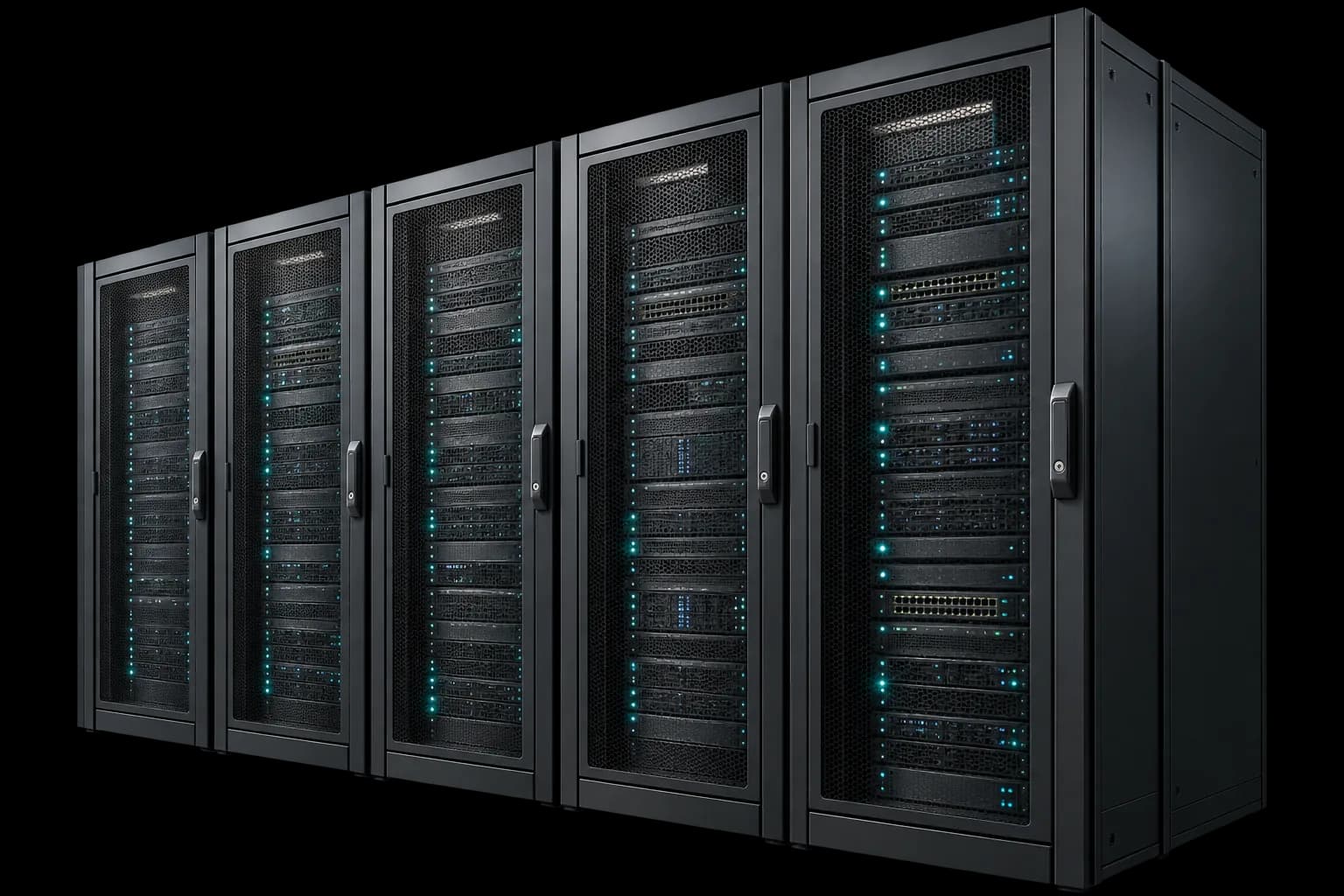 A row of server racks with teal status lights
