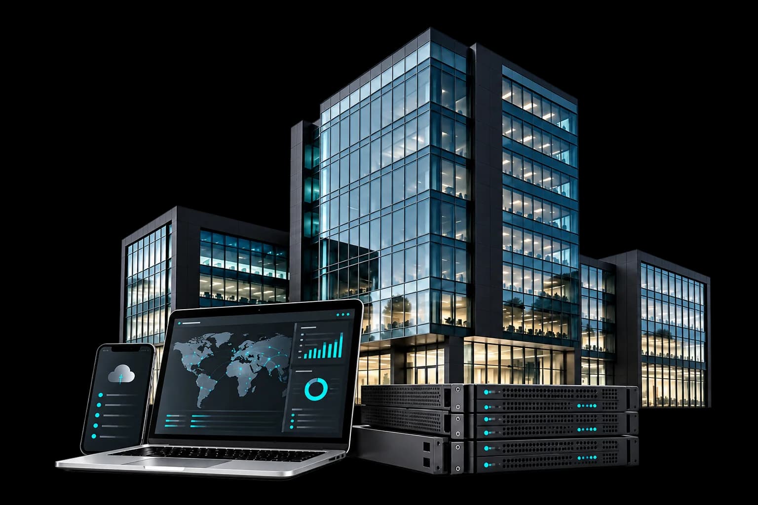 Glass office buildings behind a laptop and phone showing dashboards and a stack of rack servers