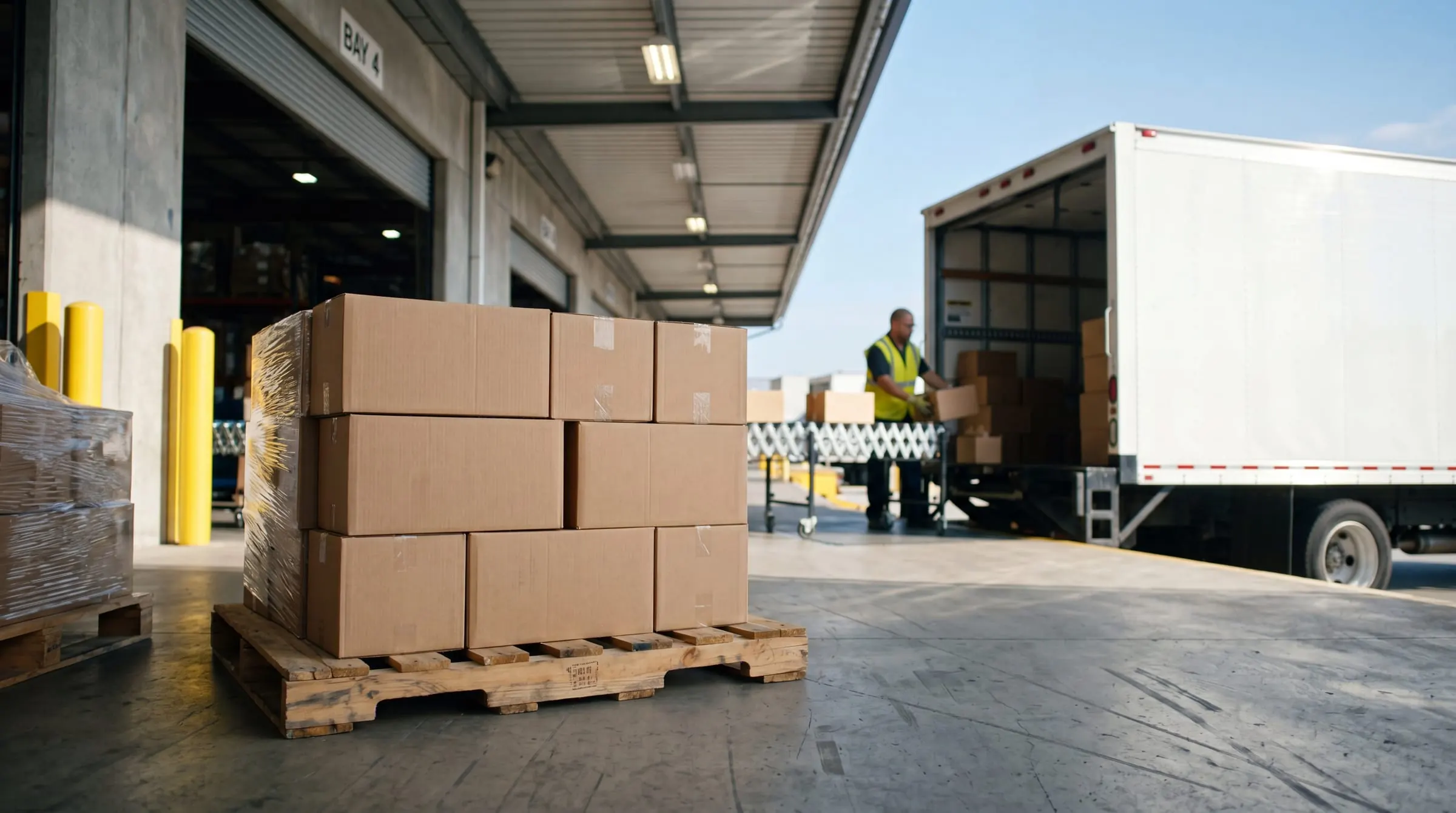 A pallet of boxes on a loading dock beside a worker unloading a box truck